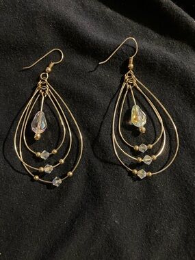 Gold Teardrop Wire Earrings with Crystal Drops